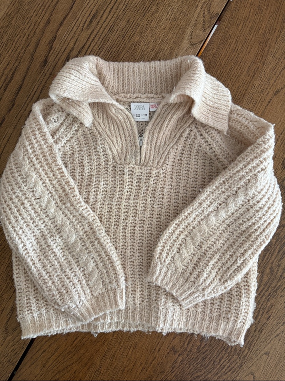ZARA 5-6Y Cream Cable 1/4 Zip Collared Sweater